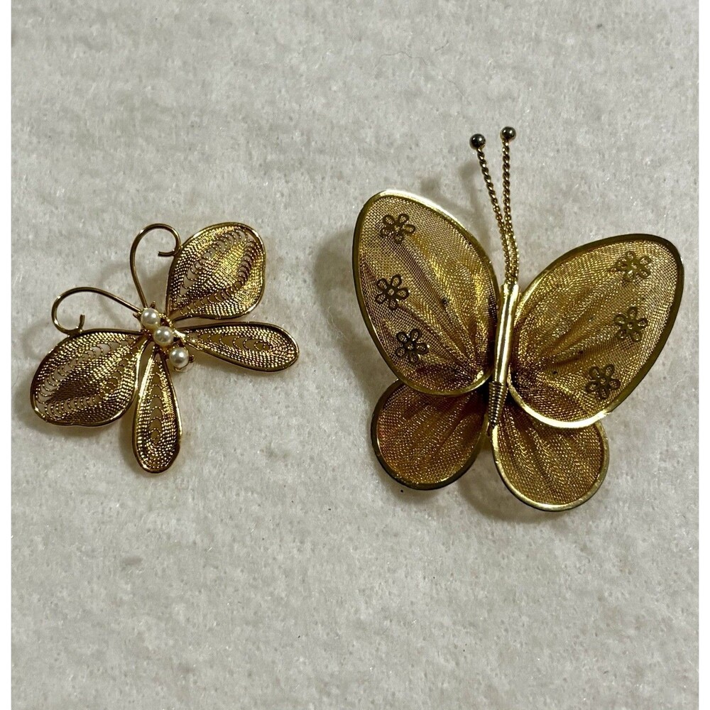 Vintage Monet Butterfly Brooch Pin Lot Gold Tone Mesh Filigree Pearl Signed Pair